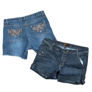 Y2K size L Bundle Fit Denim Shorts Dark Wash Rhinestone Embroidered Size 14M